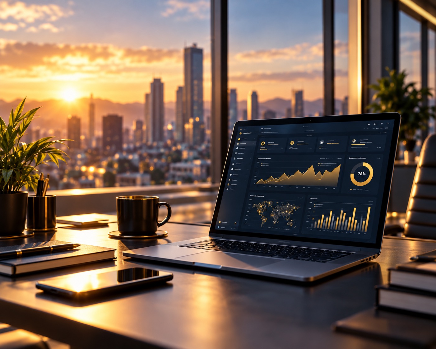 Laptop on an office desk displaying a business analytics dashboard with charts and a world map, with a city skyline at sunset in the background